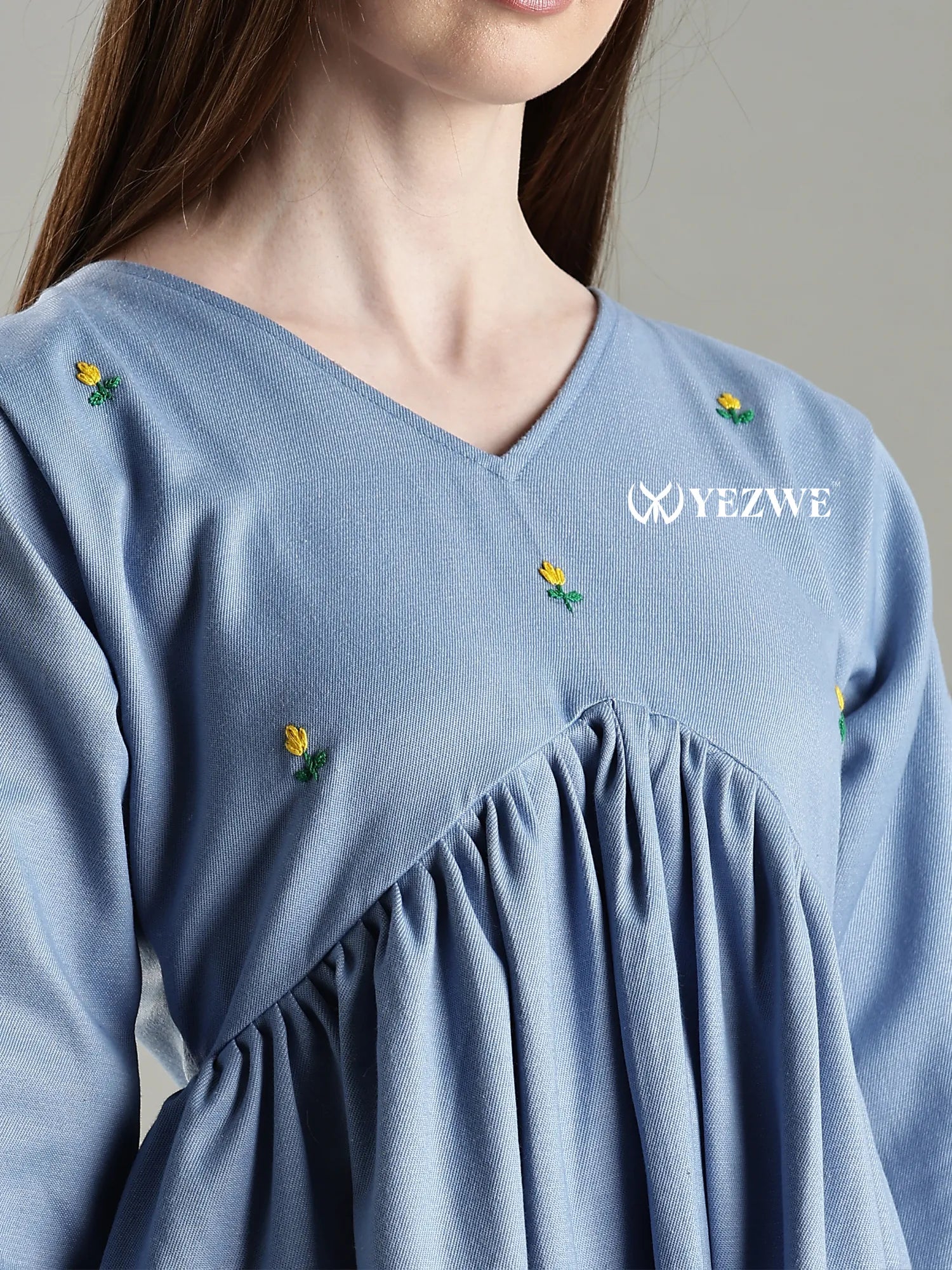 YEZWE embroidery aliya cut full length denim maxi dress with floral embellishments on the bodice