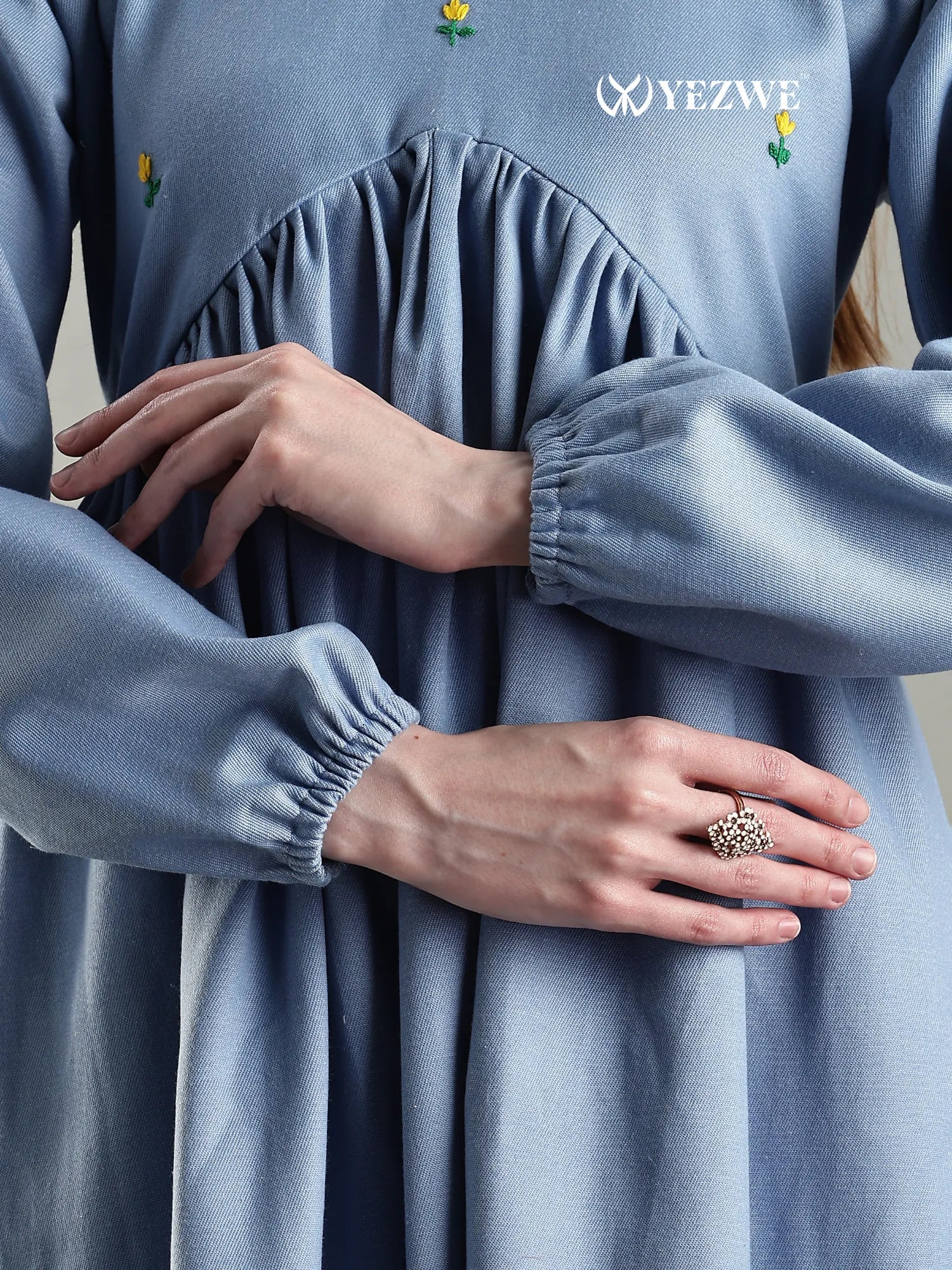 YEZWE embroidery aliya cut full length denim maxi dress featuring elasticized sleeves and floral accents