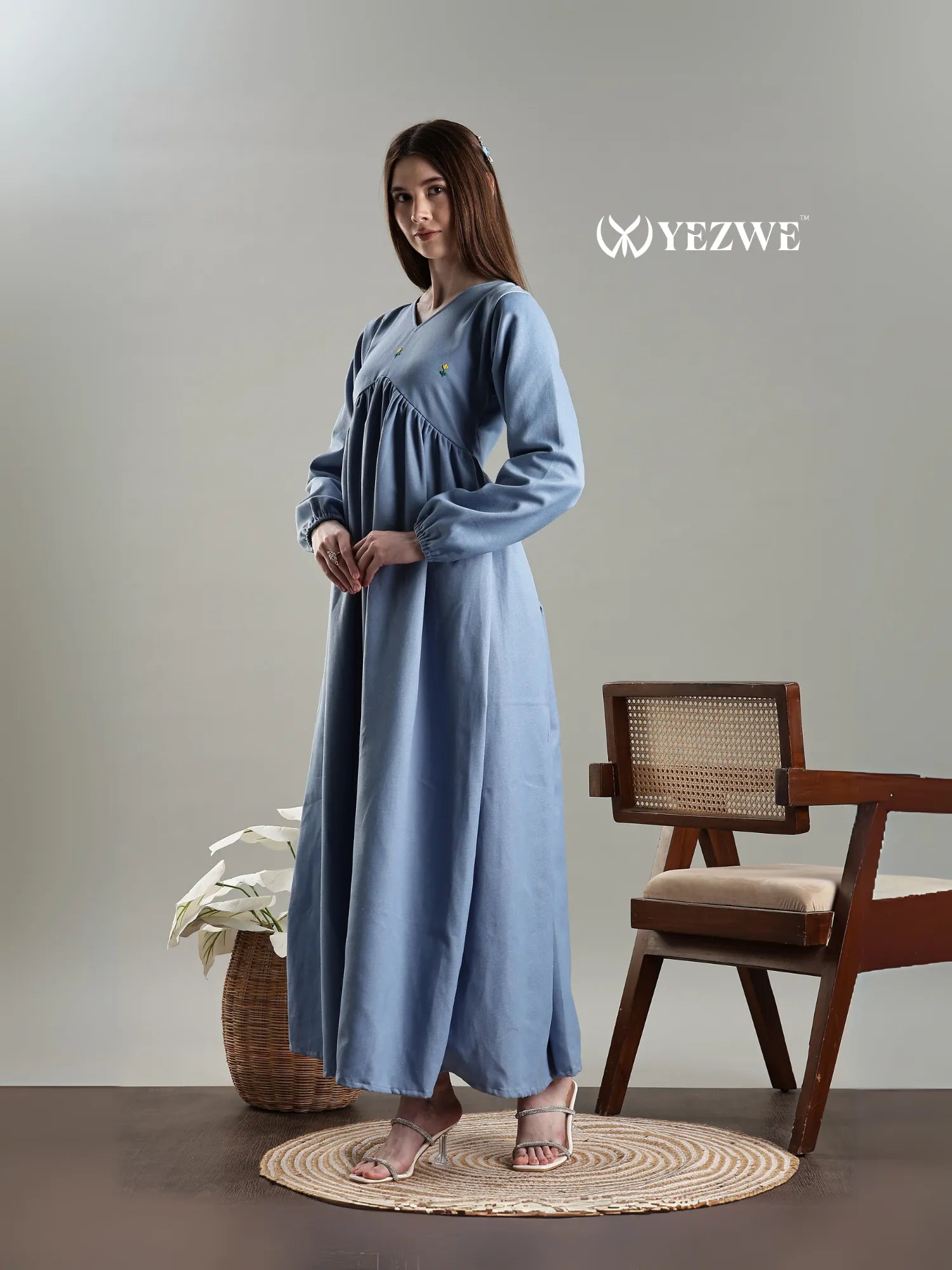 YEZWE embroidery aliya cut full length denim maxi dress with long sleeves and a stylish design