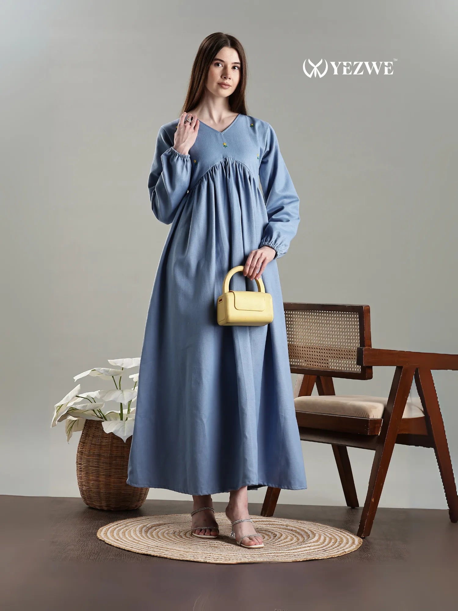Yezwe Denim Sky Blue Petal Embroidered Aliya Cut Modest Maxi Dress