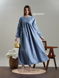 YEZWE embroidery aliya cut full length denim maxi dress in blue, perfect for casual outings