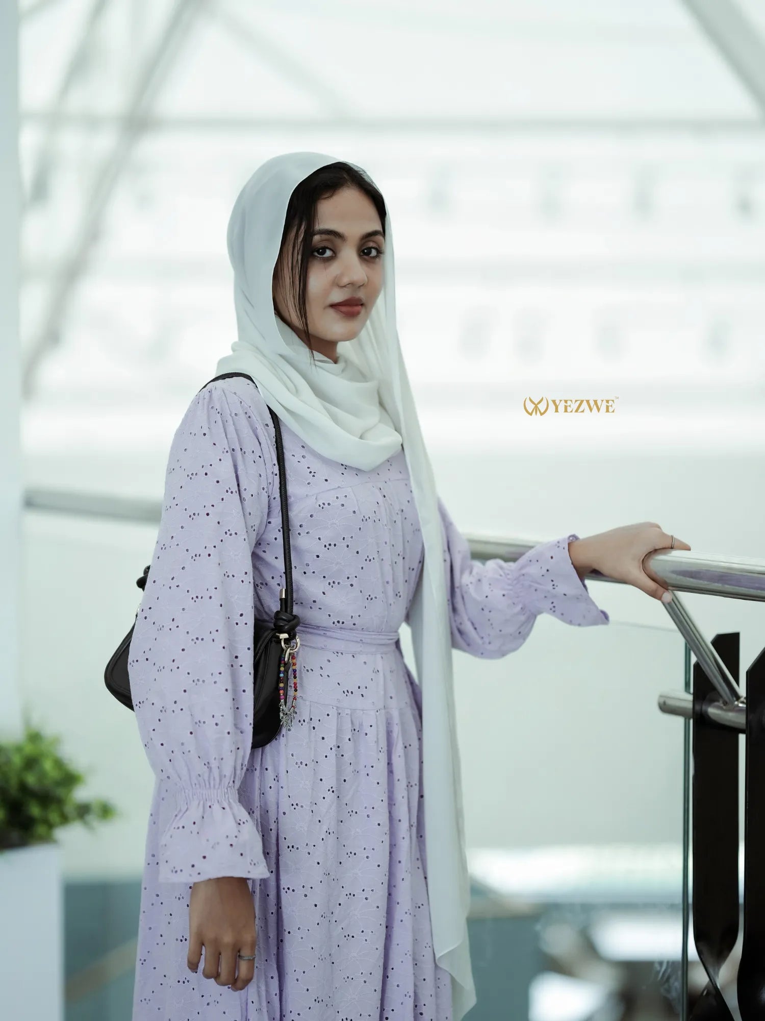 Yezwe embroidery hakoba light dress in lavender with long sleeves and fashionable silhouette