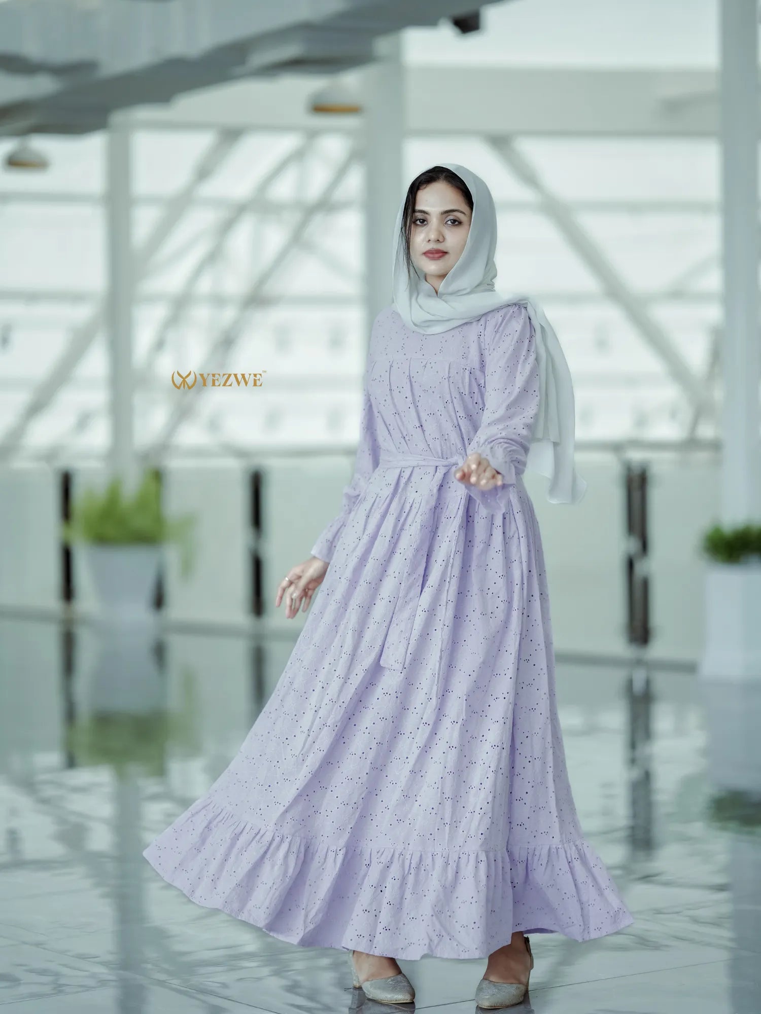 Yezwe embroidery hakoba light dress in lavender with long sleeves and ruffled hem for elegant style