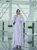Yezwe embroidery hakoba light dress in lavender with puff sleeves and waist tie detail