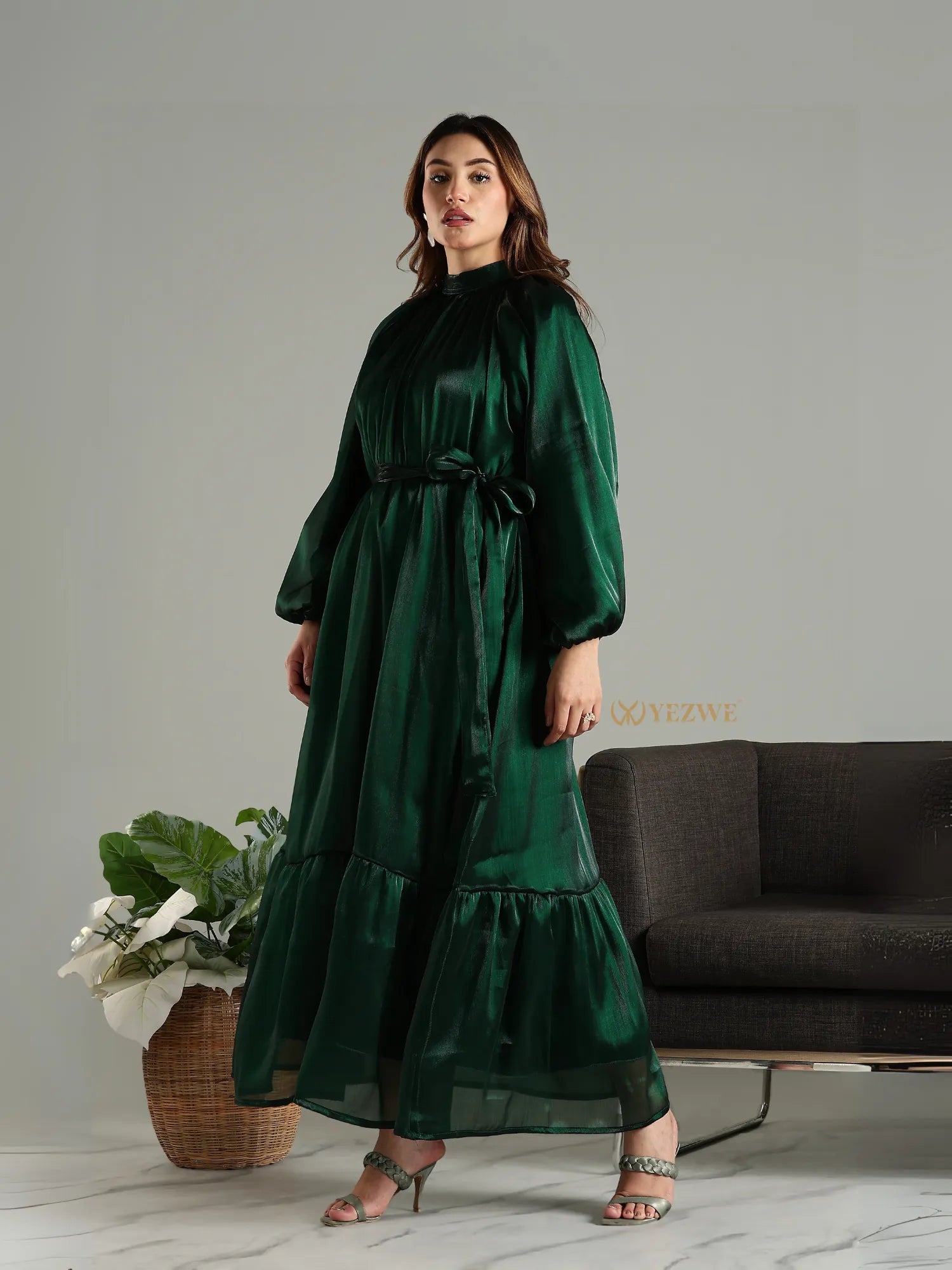 Emerald green modest maxi dress by Yezwe with long sleeves and waist tie detail