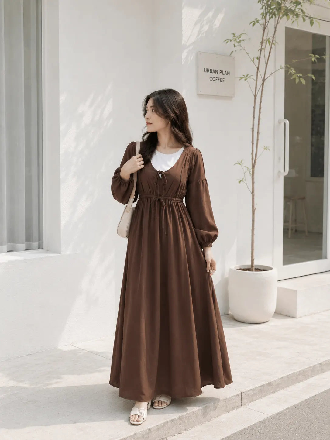 YEZWE Espresso Brown Tiered Maxi Dress with Inner | Modest Wear, featuring long sleeves and a flowing silhouette