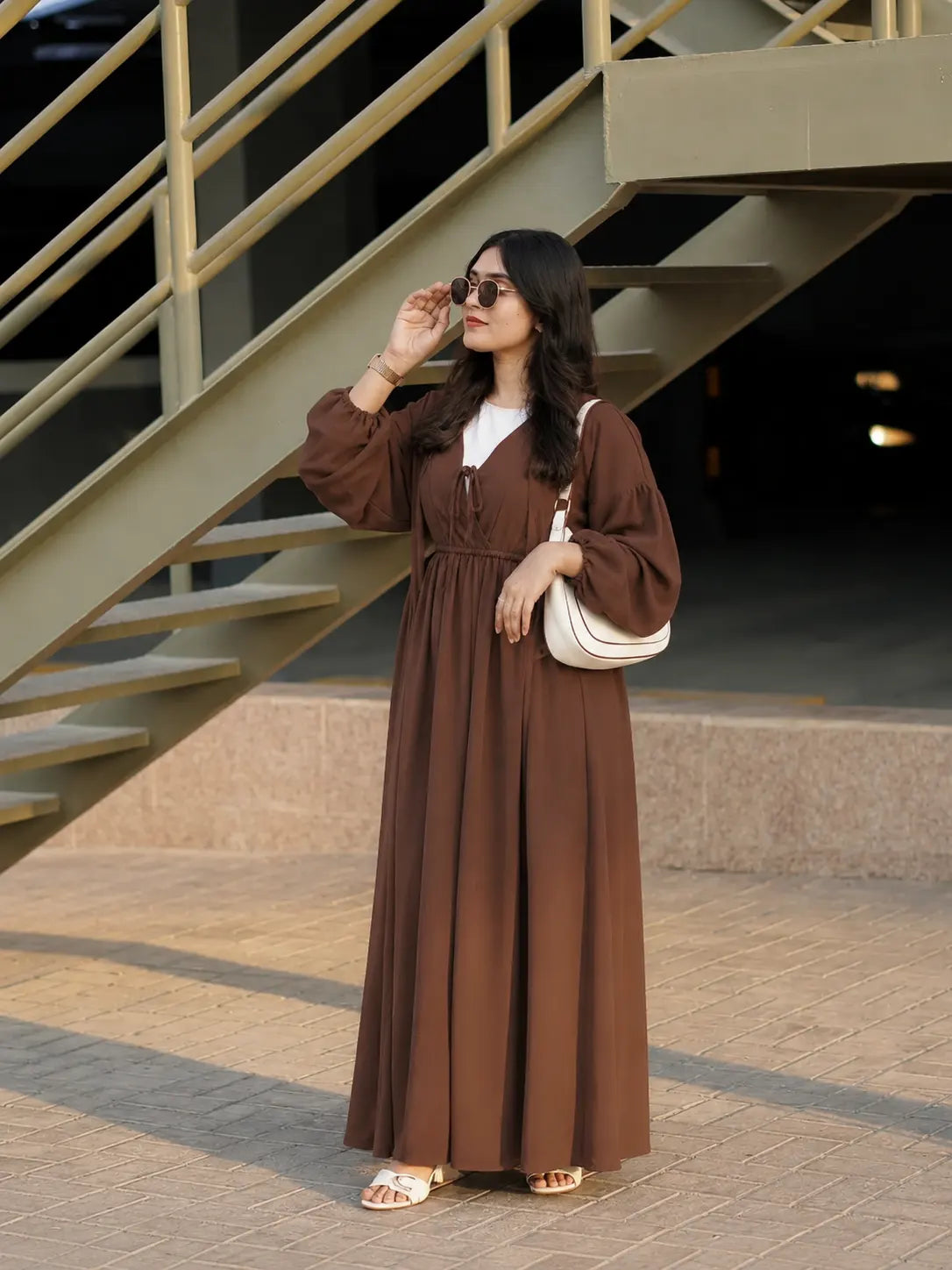 YEZWE Espresso Brown Tiered Maxi Dress with Inner | Modest Wear featuring long sleeves and a flowing silhouette