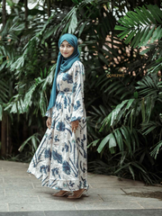 Yezwe Floral V-Neck Satin Dress in a floral print with long sleeves and a flowing silhouette
