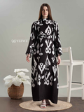 YEZWE Full Length black modest maxi Dress featuring a stylish pattern and a belted waist for a flattering fit
