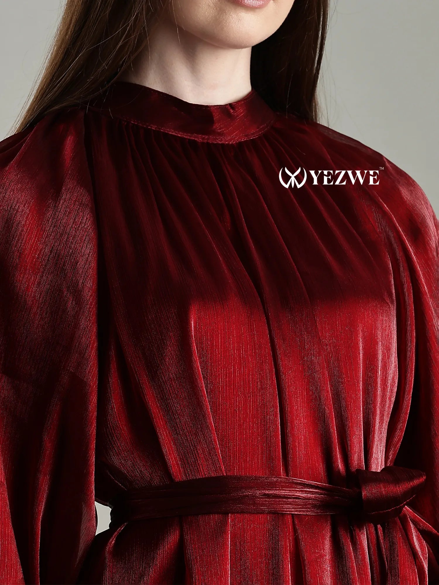 Full length jimicho Satin Flaired Maxi Dress by Yezwe in deep red with a high neckline and waist tie