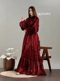 Full length jimicho Satin Flaired Maxi Dress in deep red satin by Yezwe with long puff sleeves