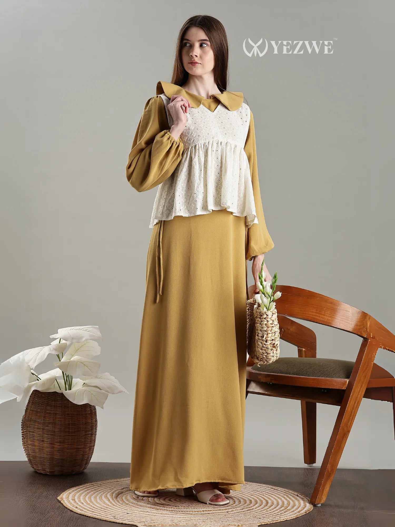 Golden Modest Maxi Dress with Hakoba Shrug by YEZWE featuring long sleeves and a flowy design