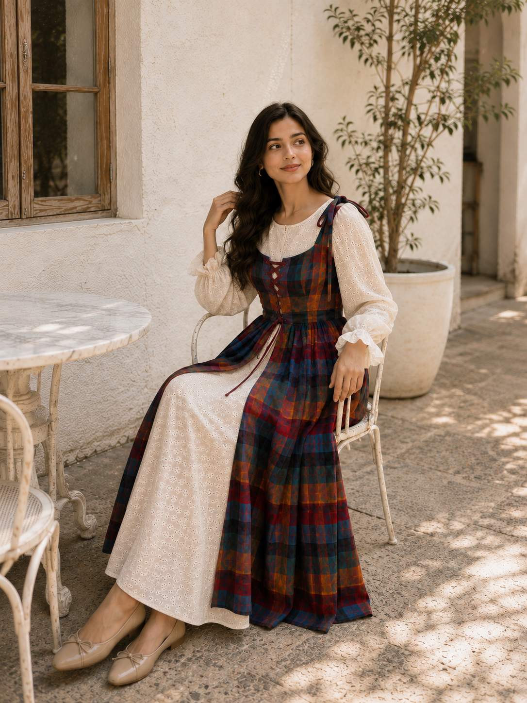 Yezwe Hakoba Dress with Madras Checks Layered Overdress INDIA worn in a stylish outdoor setting