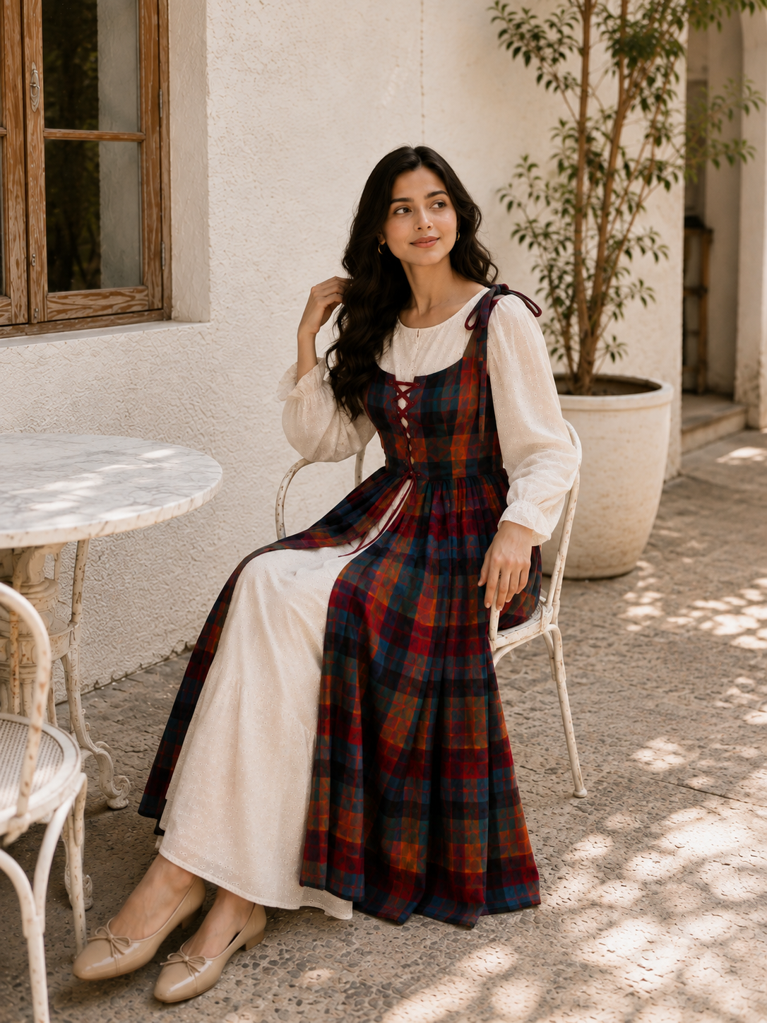 Yezwe Hakoba Dress with Madras Checks Layered Overdress INDIA in a sunlit outdoor setting