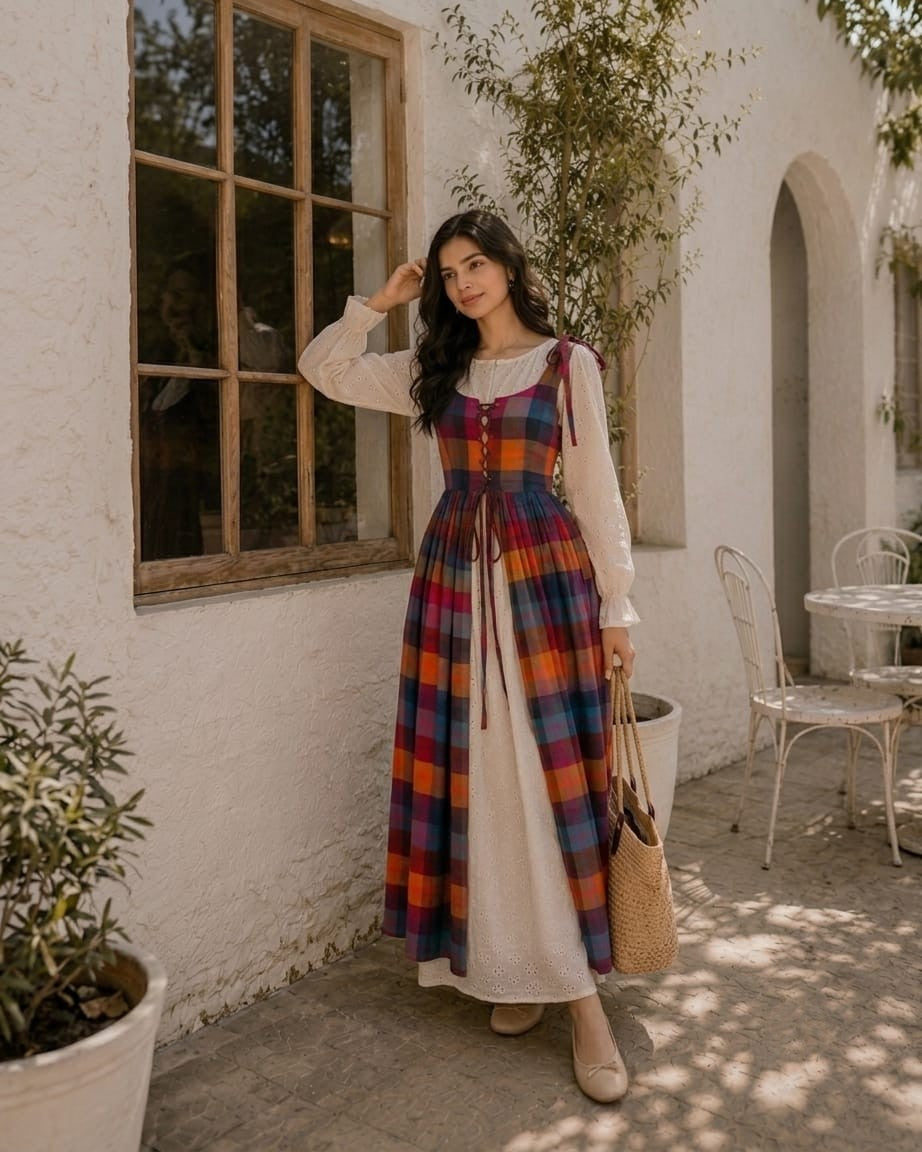 Yezwe Hakoba Dress with Madras Checks Layered Overdress featuring a colorful, stylish design perfect for casual outings