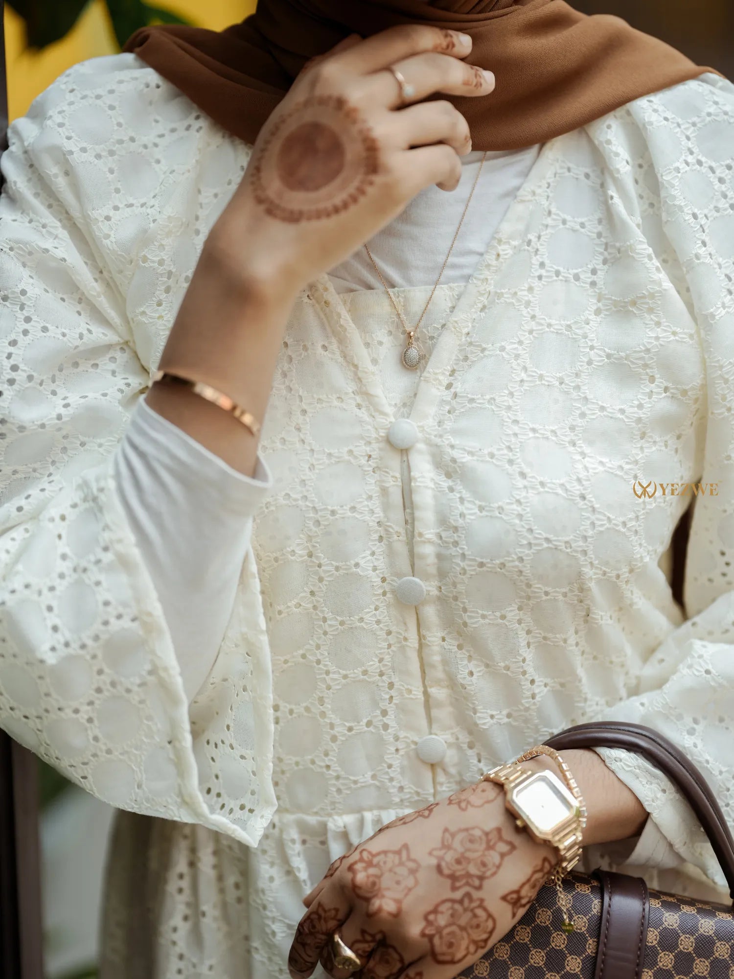 Yezwe hakoba maxi dress v neck in cream with decorative buttons and flowy sleeves