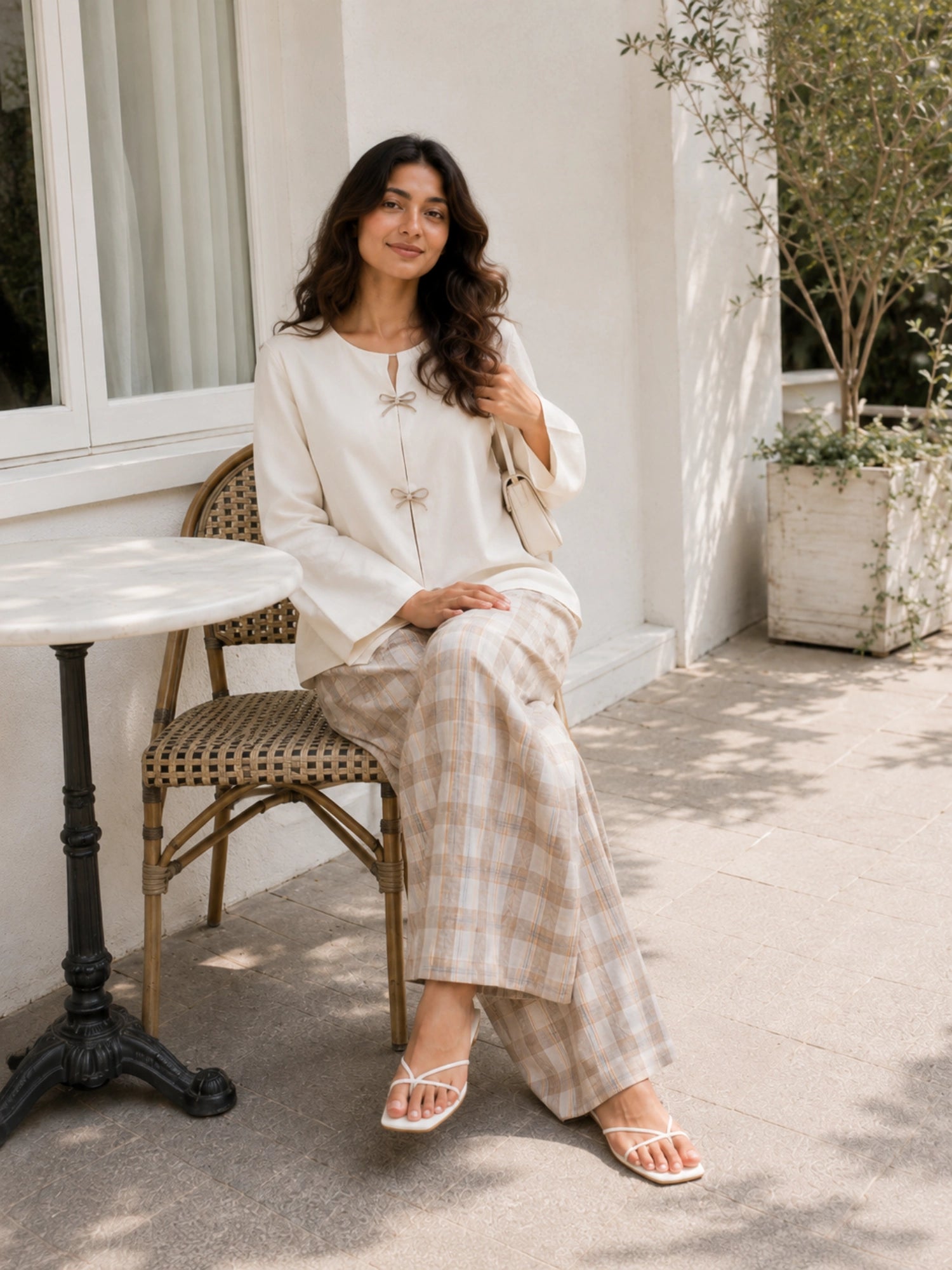YEZWE Ivory Bow Cey Top And Plaid Modest Co-Ord Set For Women, styled chicly outdoors