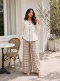 YEZWE Ivory Bow Cey Top And Plaid Modest Co-Ord Set For Women with wide-leg pants and a stylish top
