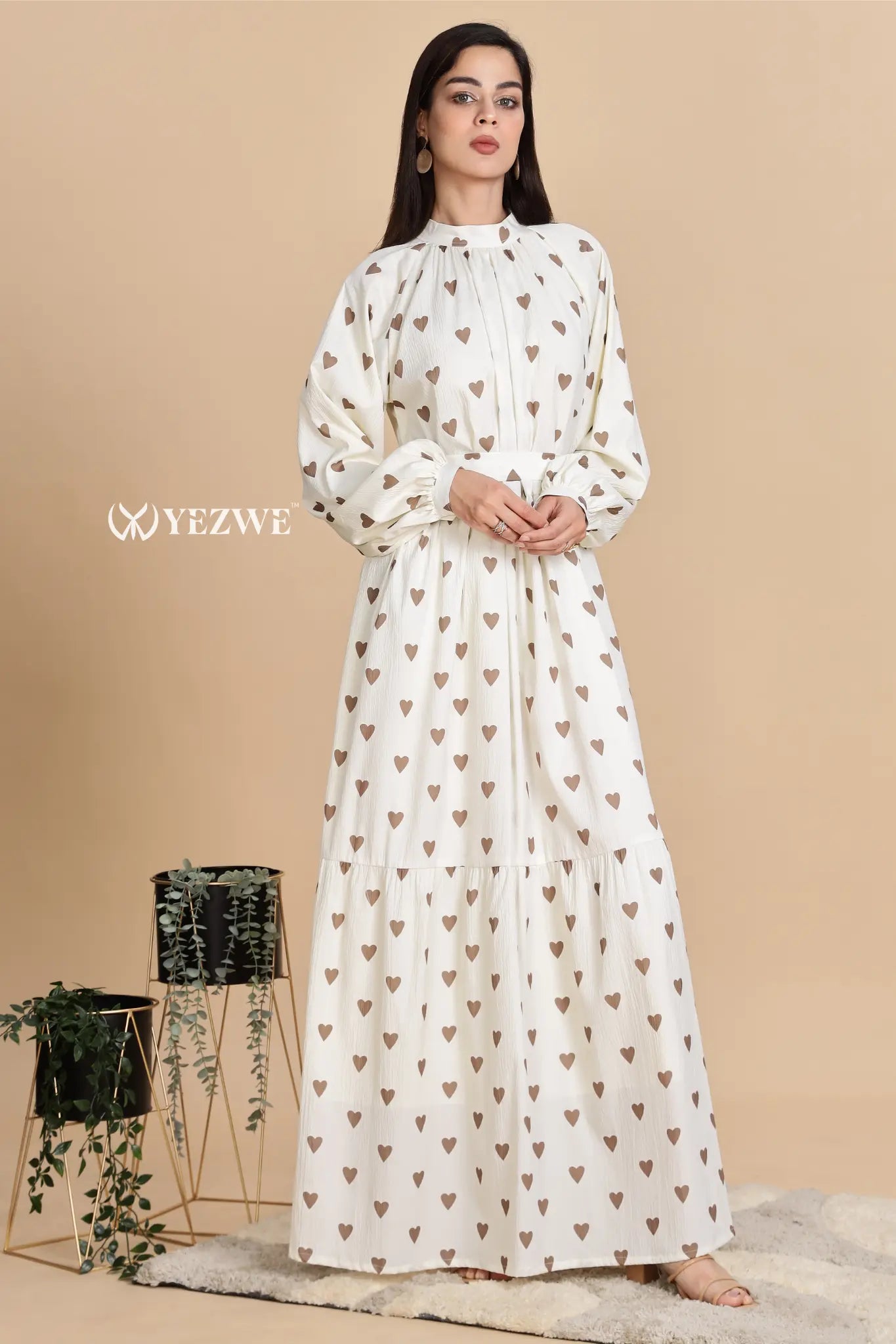 YEZWE ivory maxi dress modest wear featuring heart patterns and puff sleeves for a stylish look