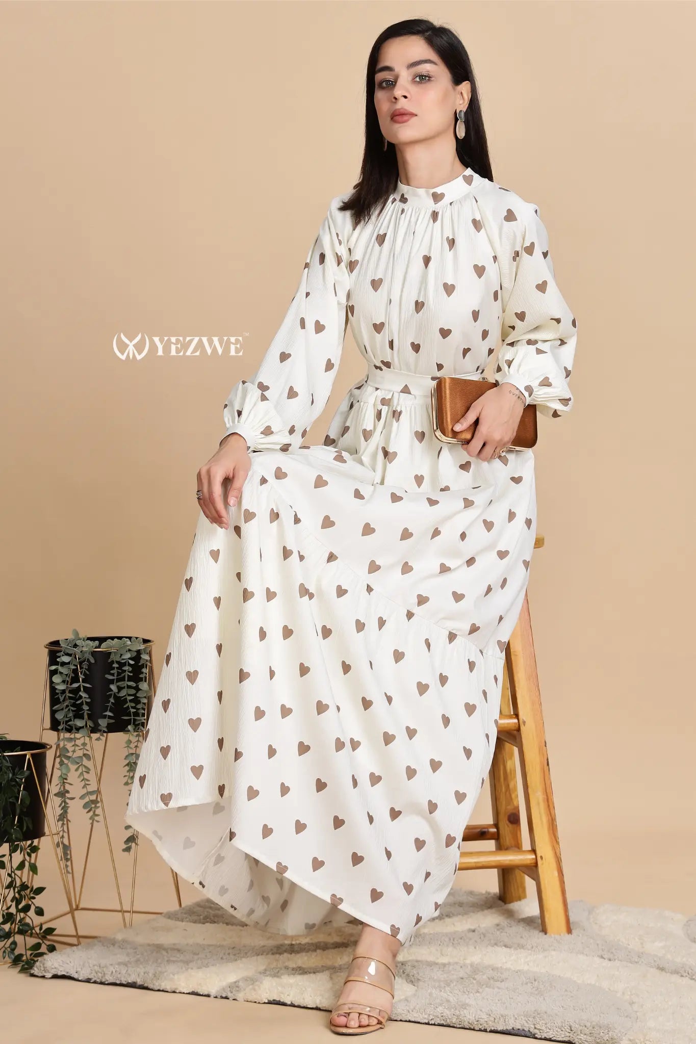 YEZWE Ivory maxi dress modest wear with heart prints and a cinched waist for a stylish look