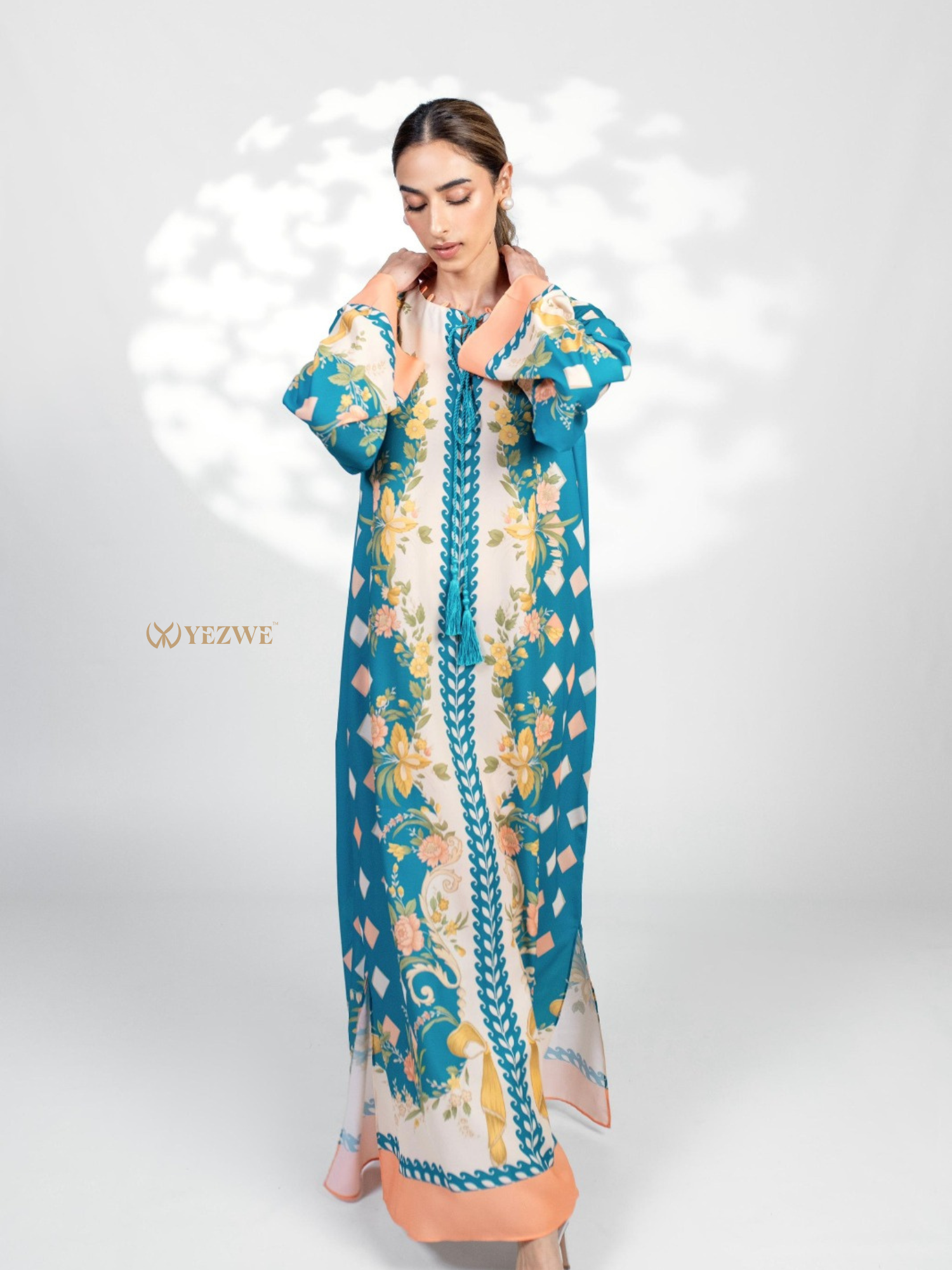 YEZWE Jalabiya Maxi Dress in Teal with Floral Design and Elegant Long Sleeves