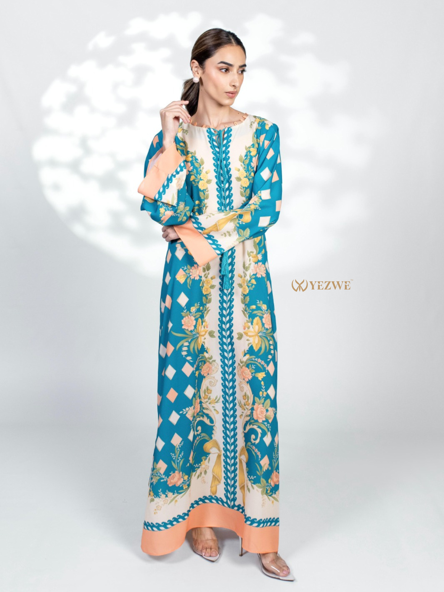 YEZWE Jalabiya Maxi Dress in Teal with Floral Print and Elegant Design for Special Occasions