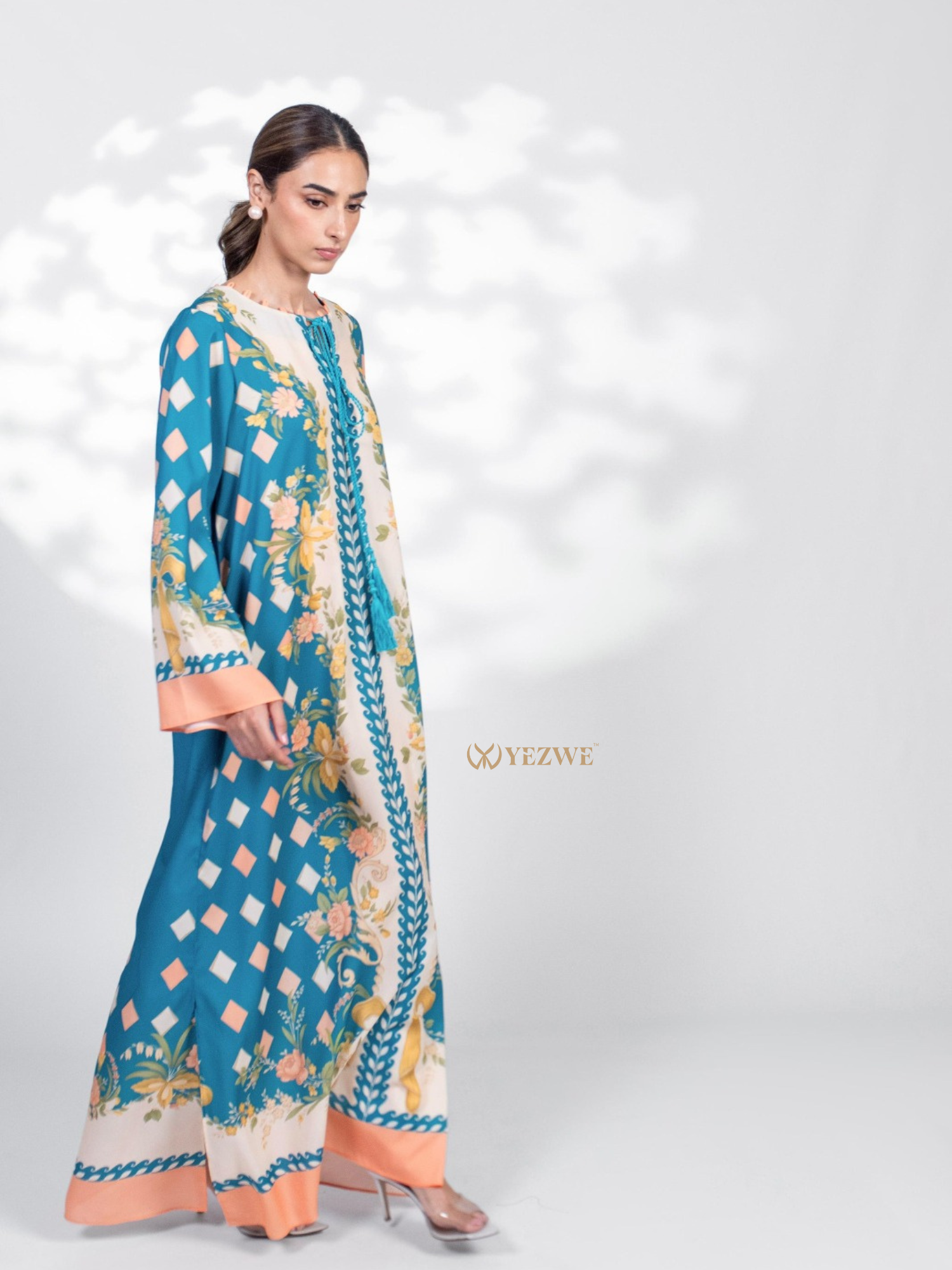 YEZWE Jalabiya Maxi Dress in Blue with Floral and Geometric Patterns for Elegant Casual Wear