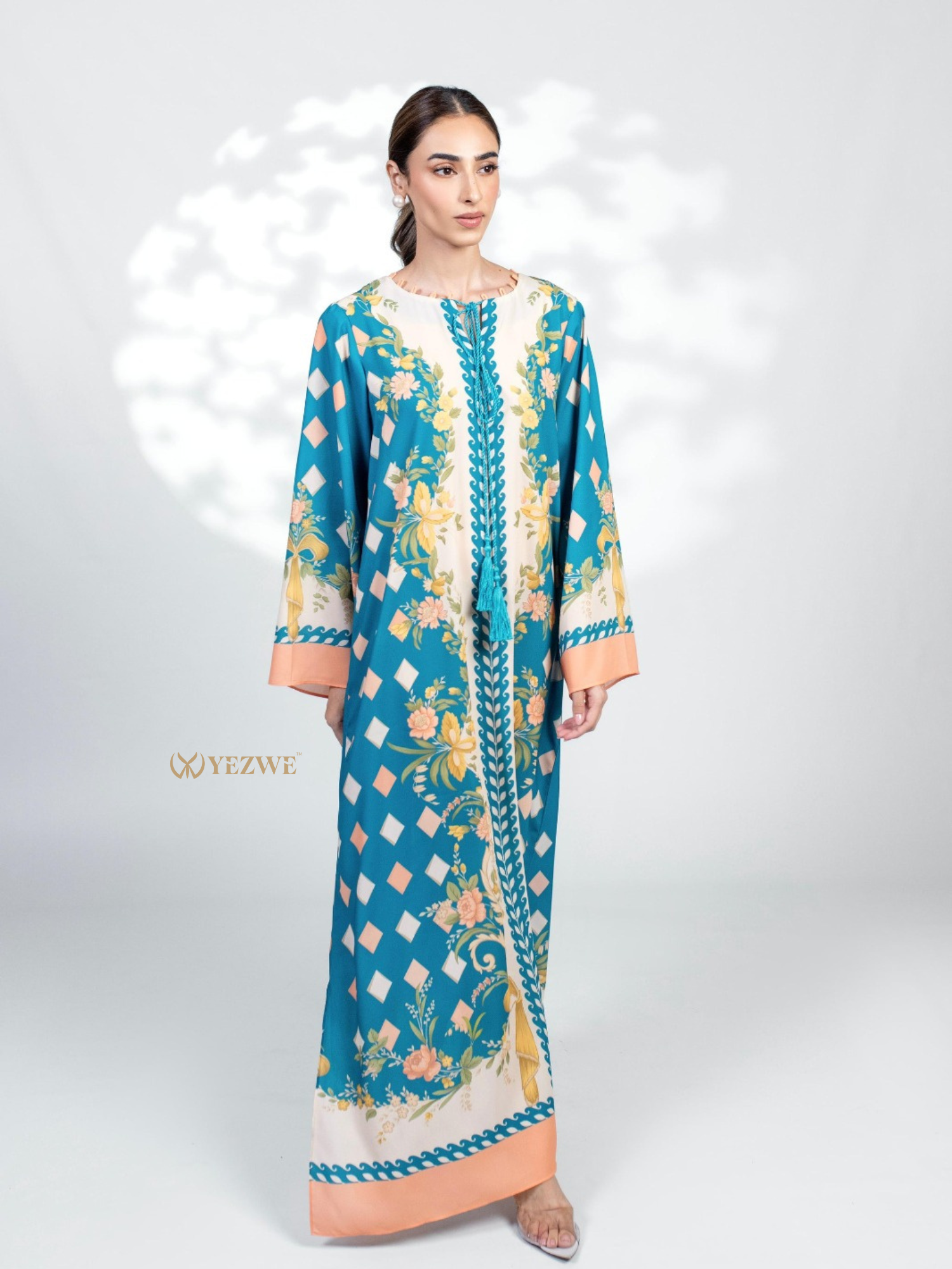 YEZWE Jalabiya Maxi Dress in Teal with Floral Patterns and Elegant Design