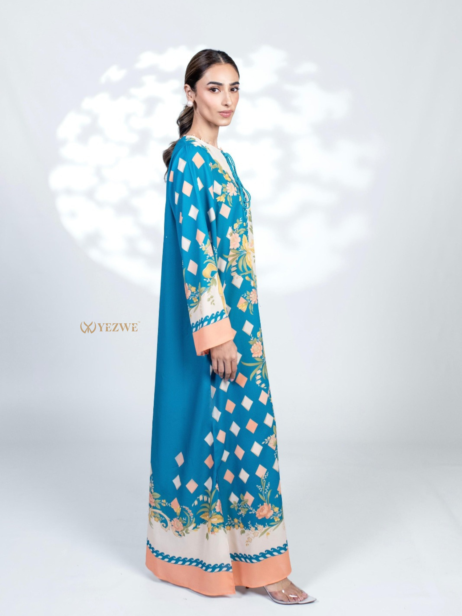 YEZWE Jalabiya Maxi Dress in Blue with Floral Design and Diamond Pattern for Elegant Style