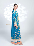 YEZWE Jalabiya Maxi Dress in Blue with Floral Design and Diamond Pattern for Elegant Style