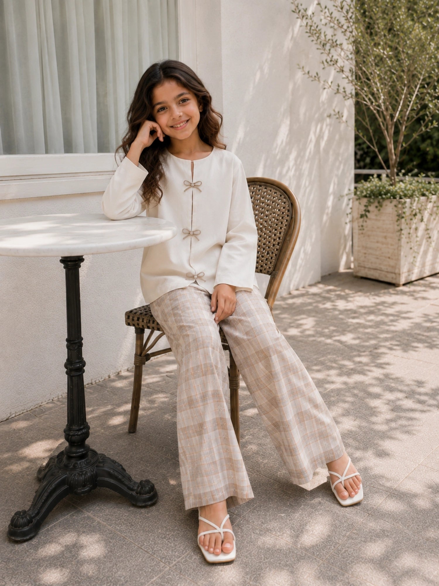 Yezwe Junior Girls Beige Checkered Pant & Full Sleeve Top Co-ord Set styled for a casual outdoor look