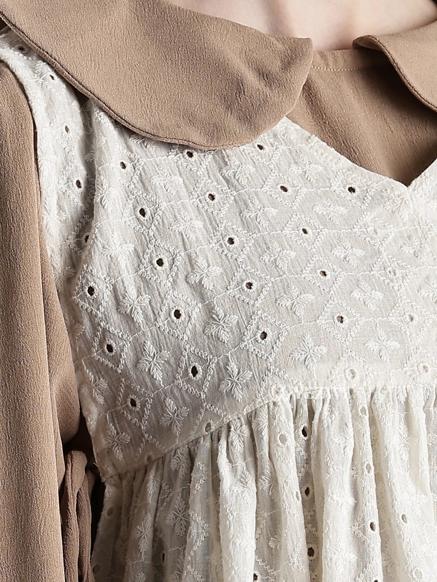 Junior Girls Modest Maxi Dress with Hakoba Shrug featuring white embroidered fabric and brown collar detail