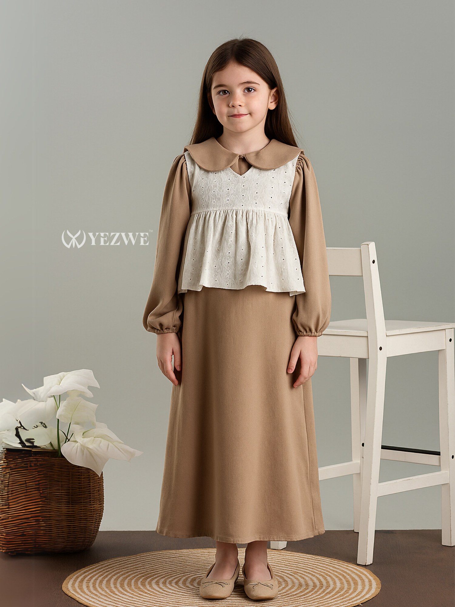 Yezwe Miniature Light Mocha Brown Cey Layered Modest Maxi Dress with Hakoba Shrug for Junior Girls