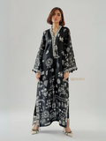 YEZWE black printed Kaftan Dress for Women long V neck tunic with wide sleeves side slits and matching bottoms