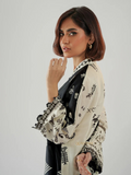 YEZWE black and cream patterned Kaftan Dress for Women tunic with embroidered cuffs modeled by woman
