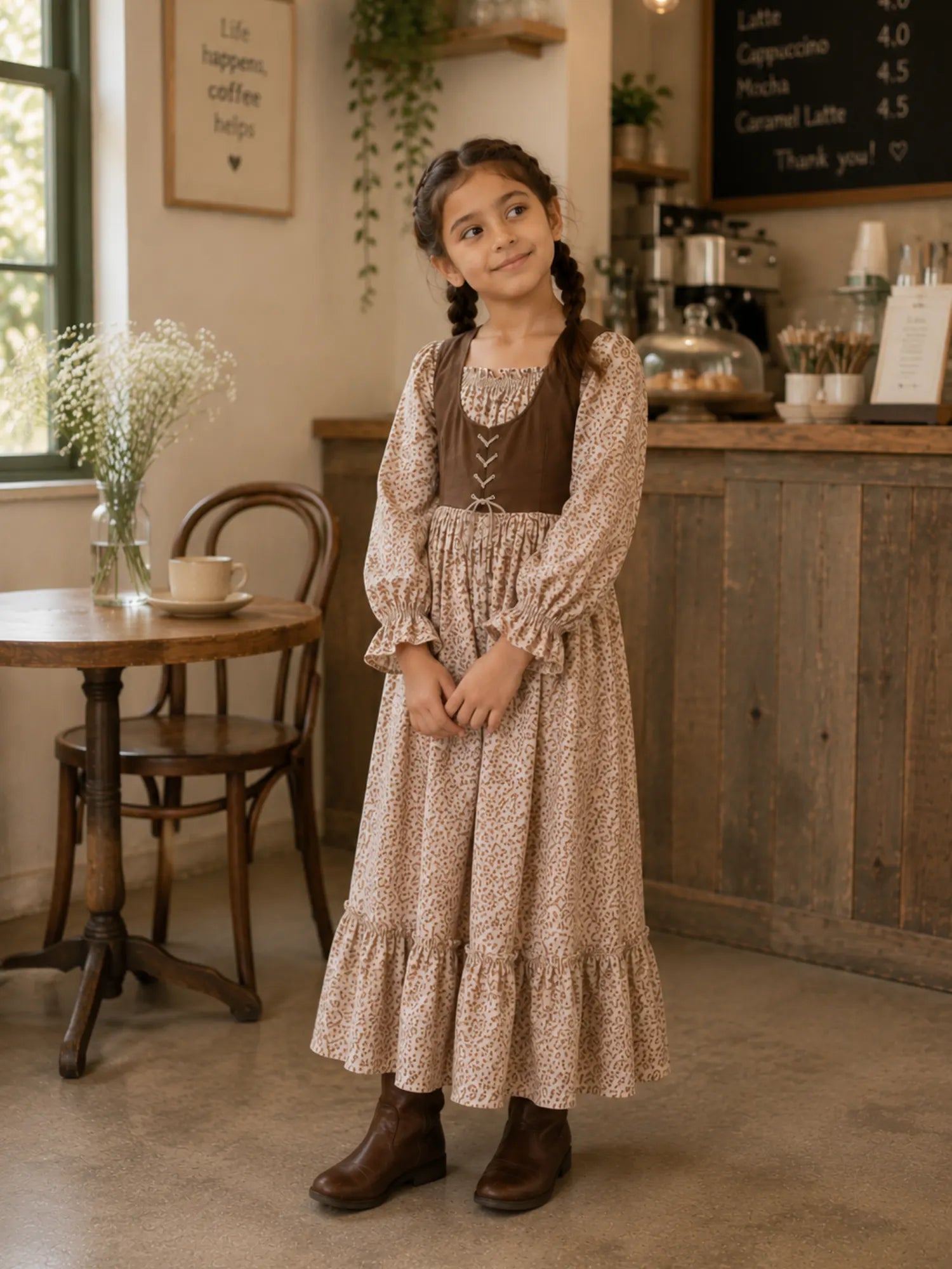 Young girl wearing a beige floral Linen Lux maxi dress with brown corduroy bodice and long sleeves standing in a warm café setting.