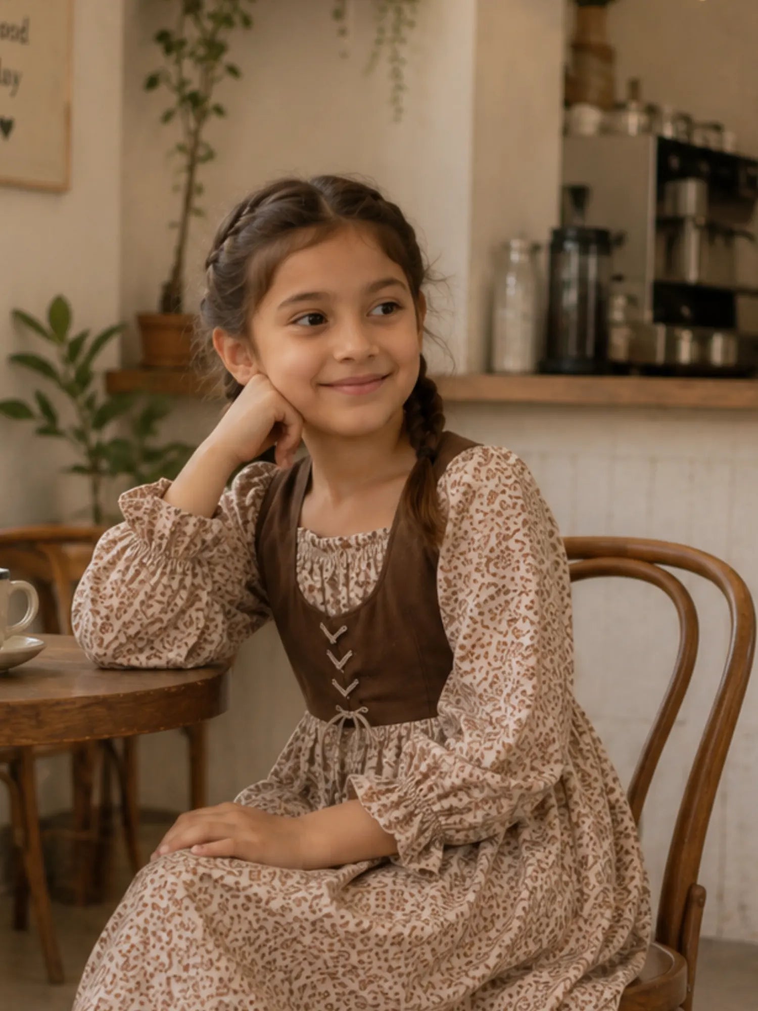Young girl wearing a beige floral Linen Lux dress with brown corduroy bodice while sitting in a cozy café setting.