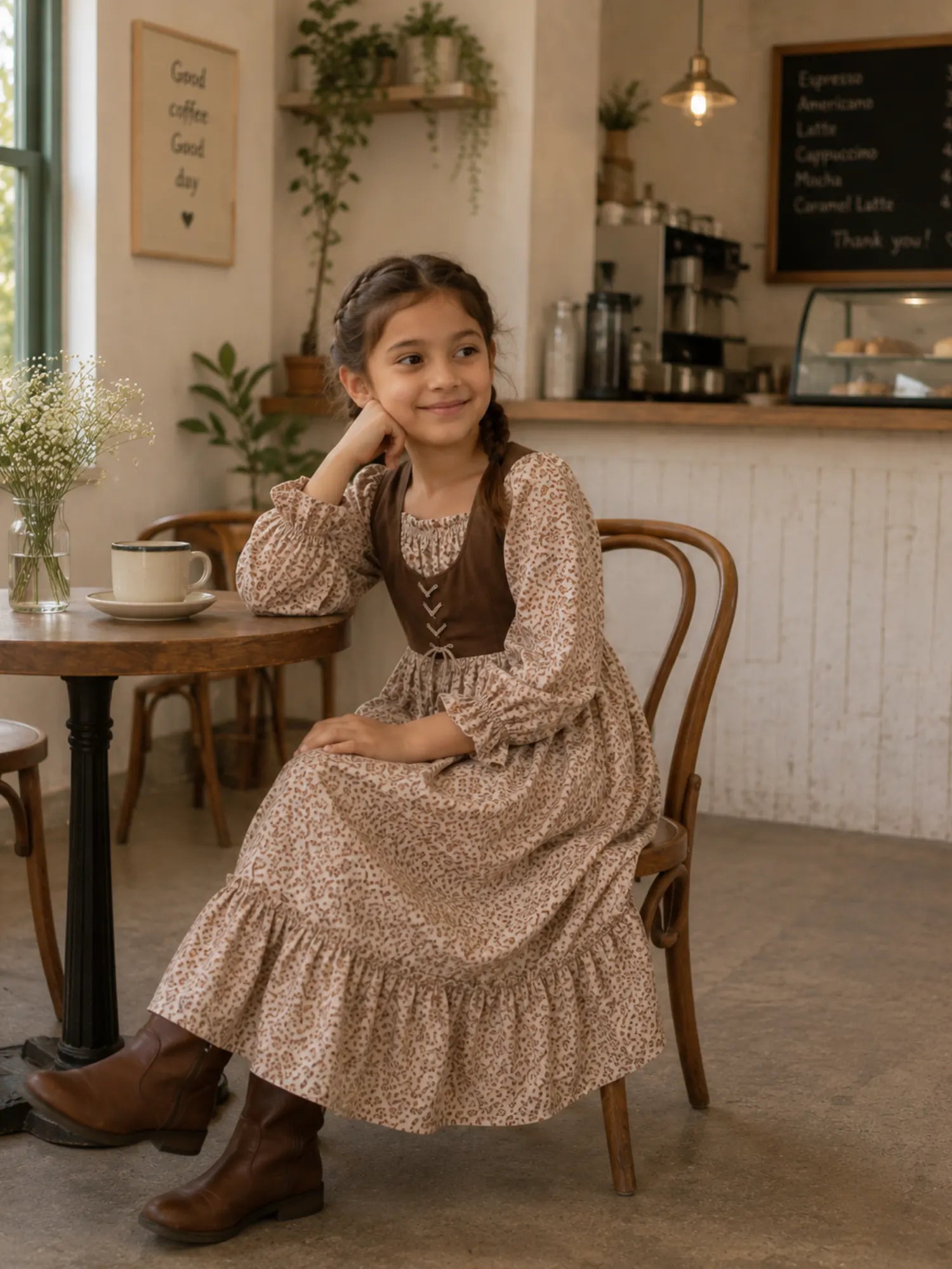 Young girl sitting in a café wearing a beige floral Linen Lux maxi dress with brown corduroy bodice and long sleeves.