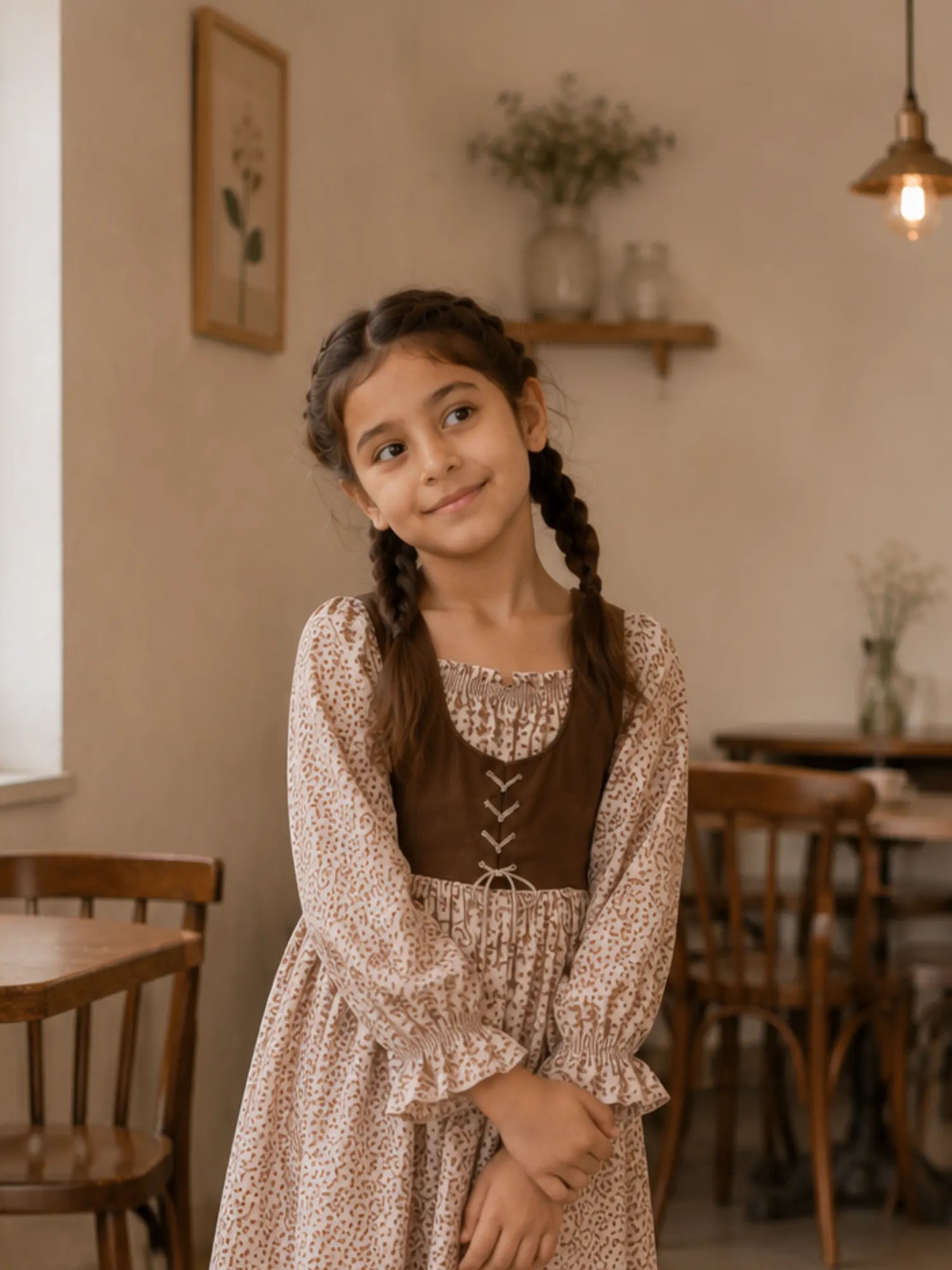 Young girl wearing a beige floral Linen Lux dress with brown corduroy bodice in a warm indoor café setting.