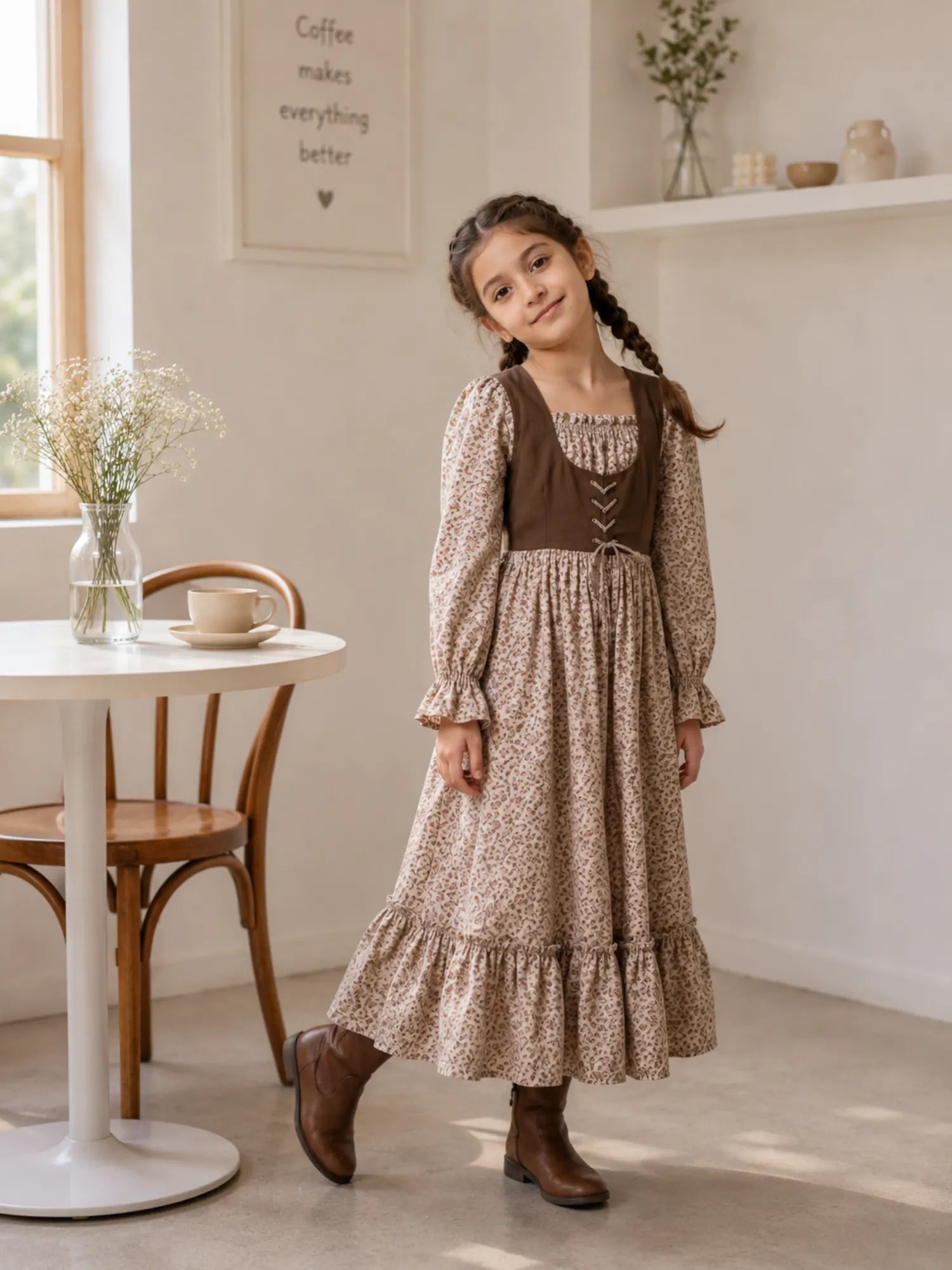 Young girl wearing a beige floral Linen Lux maxi dress with brown corduroy bodice and boots in a bright café-inspired indoor setting.
