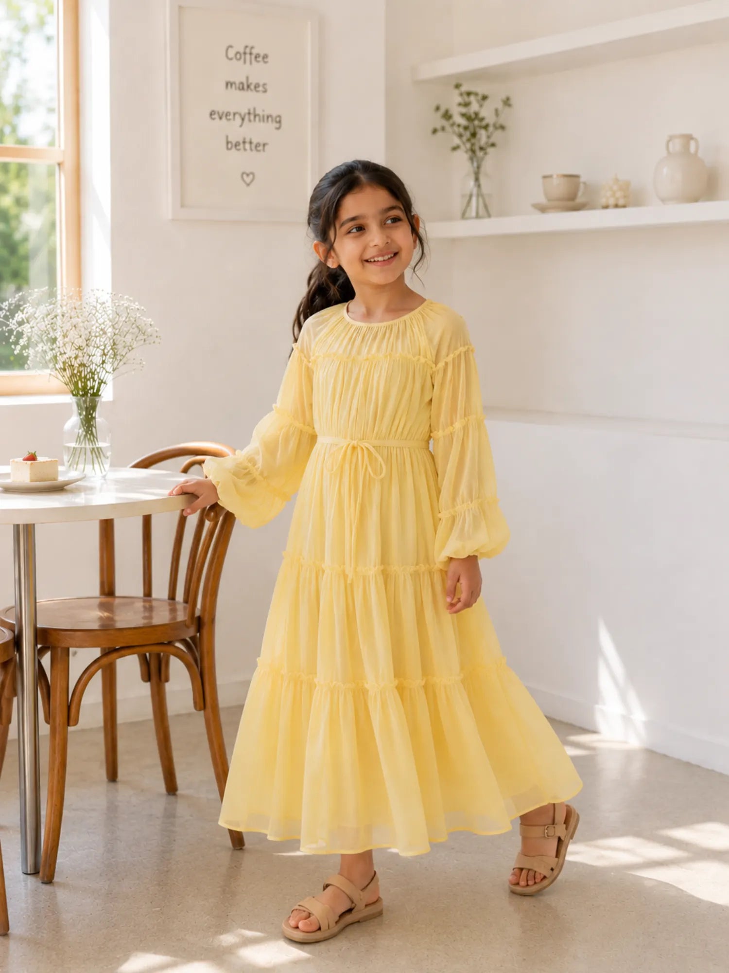 Young girl wearing a pastel yellow modest tiered maxi dress with puff sleeves and waist tie in a soft sunlit indoor setting.