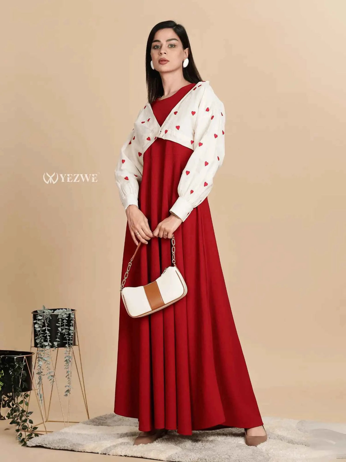 Stylish knitted red maxi dress with shrug featuring a heart-patterned top for a trendy look