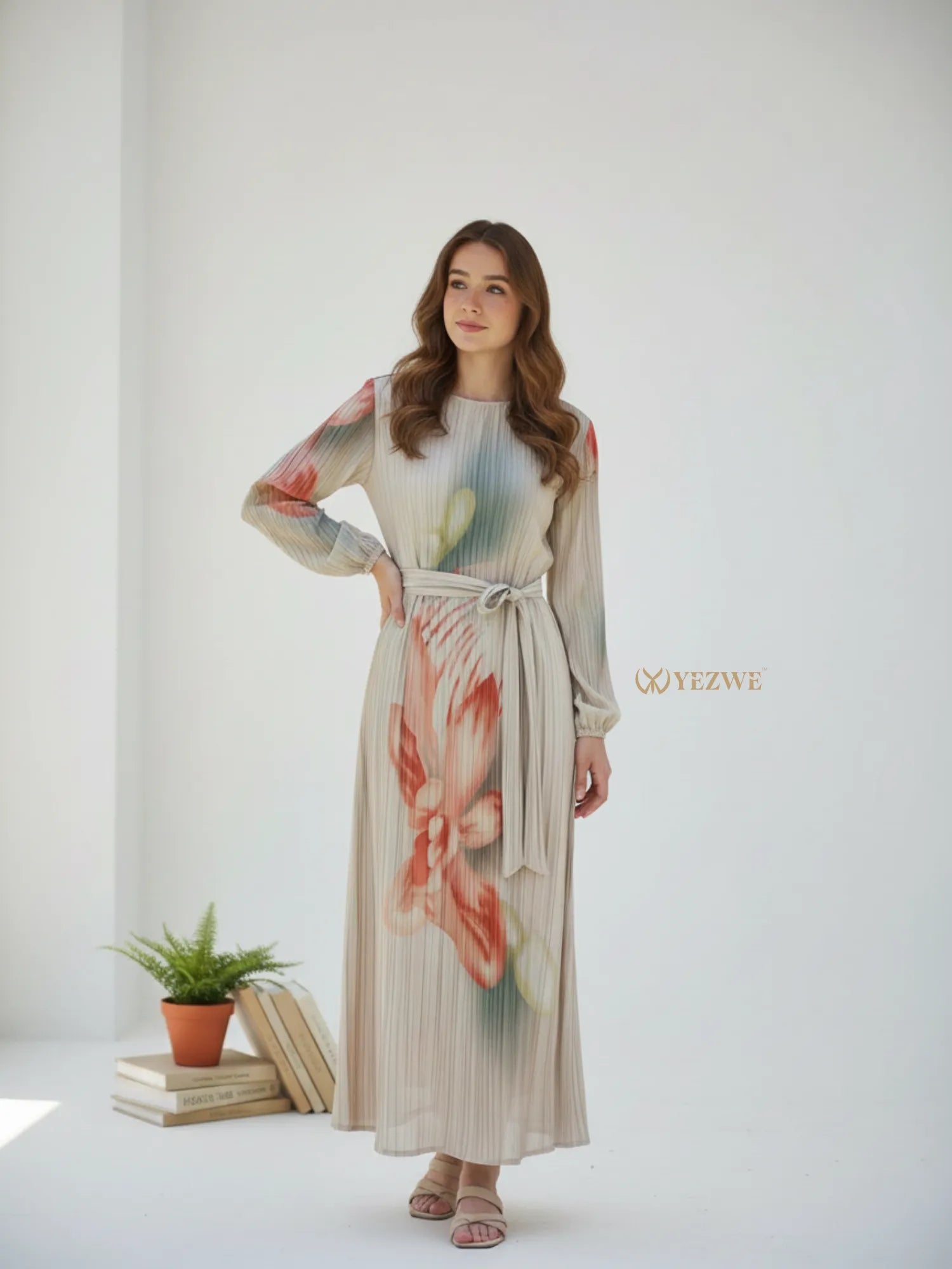Korean Floral Pleated Modest Maxi Dress by Yezwe with a delicate floral design and a waist tie