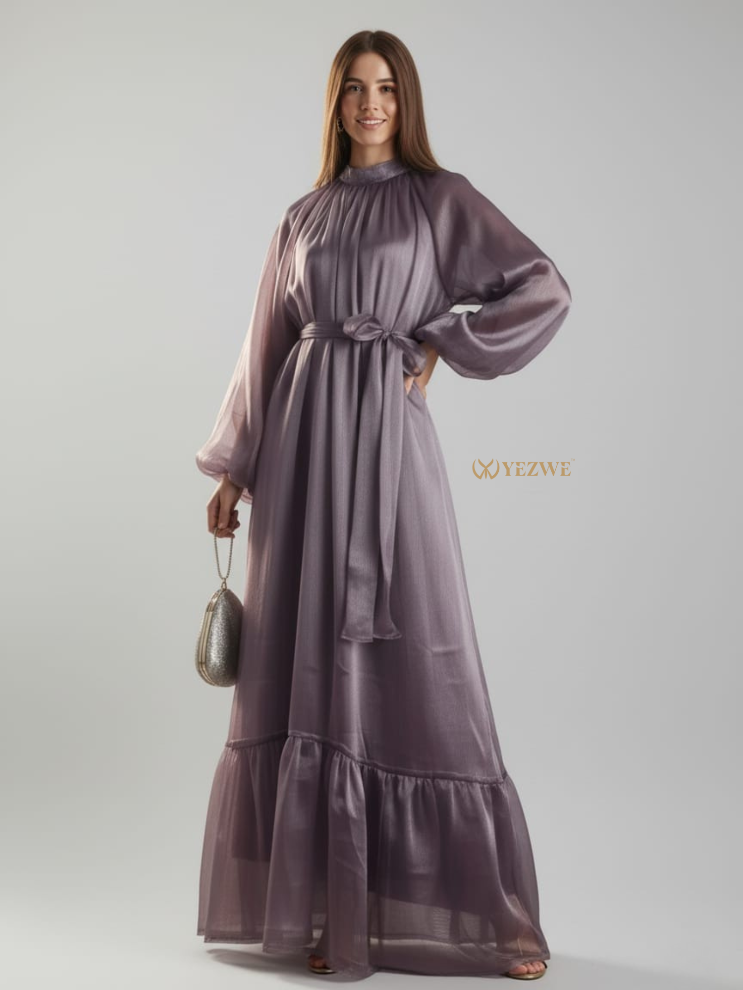 Yezwe Elegant Long Sleeve Maxi Dress in Soft Lavender with Waist Tie and Ruffled Hem