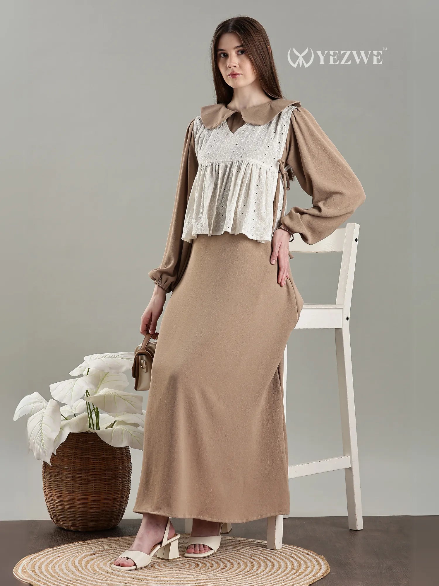 YEZWE Light Mocha Brown Cey Layered Modest Maxi Dress with Hakoba Shrug styled elegantly on a model