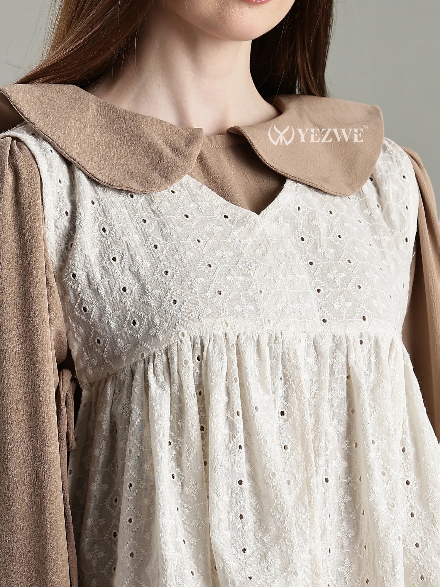 YEZWE Light Mocha Brown Cey Layered Modest Maxi Dress with Hakoba Shrug styled elegantly 