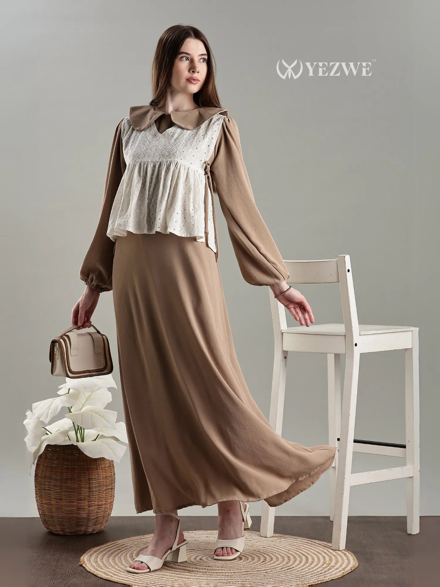 YEZWE Light Mocha Brown Cey Layered Modest Dress with Hakoba Shrug