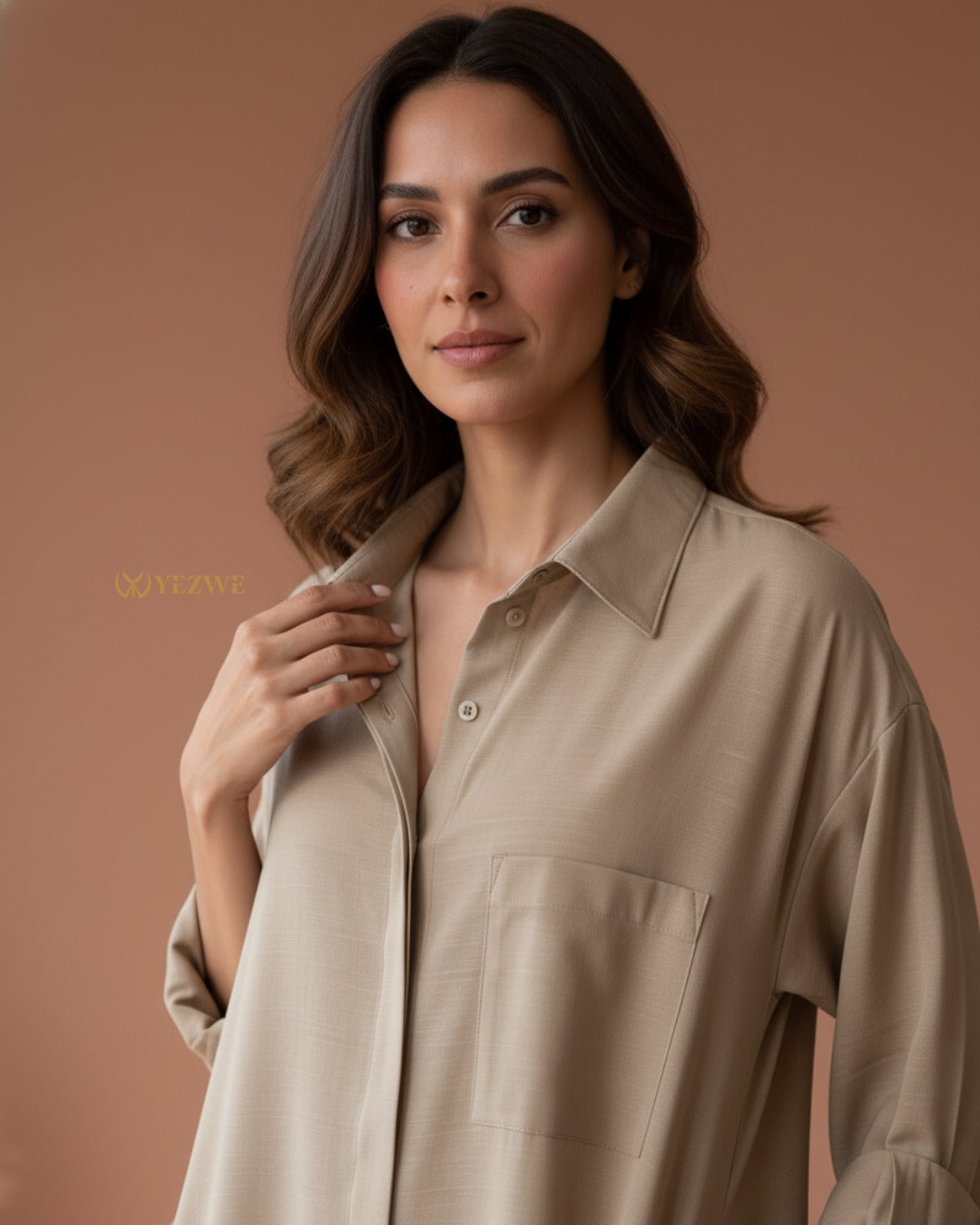 YEZWE Linen Cotton Modest co-ord set in beige with a relaxed fit shirt and pocket detail