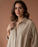 YEZWE Linen Cotton Modest co-ord set in beige with a relaxed fit shirt and pocket detail