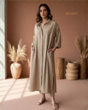 Yezawe Linen Cotton Modest co-ord set in beige with pockets and stylish slit details